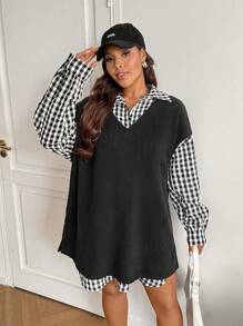 SHEIN EZwear Plus Size 2pcs/Set Plaid Print Dress And Vest Suit For Casual Daily Wear, Autumn