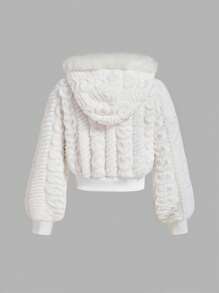 SHEIN MOD Plus Size Women's Hooded Long Sleeve Heart Pattern Fluffy Trim Jacket, Autumn Winter,Women Hoodies, Brunch Women, Fall Wedding Guest Hoodie, Homecoming, 90s, Ladies Late Fall Casual Contrast Fluffy, Zipper Regular Sleeve Hooded Regular Fit White Plain Women Jackets, Casual Daily Wear,New Year,Valentine