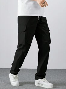 Manfinity Homme Men's Casual Solid Color Drawstring Cargo Pants, Suitable For Autumn, Fall - Black - View 7