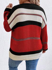 SHEIN LUNE Plus Size Casual Color Blocking Striped Dropped Shoulder Sweater, Autumn/Winter Knit Pullover Fall Outfit