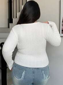 Dazy Plus Plus Size Pattern Embroidery V-Neck Fitted Crop Long Sleeve Pullover Sweater, For Winter,Fall Clothes Carnival - White - View 2