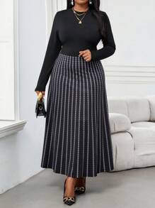 SHEIN Lady 秋冬季优雅通勤办公室彩色针织立领喇叭中长袖大码连衣裙冬季女装感恩节女装冬装长袖连衣裙冬季冬装 - 黑色 - 查看 3