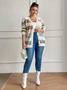 SHEIN LUNE Áo len cardigan dệt kim rộng rãi màu trơn cổ chữ V đơn hàng khuy đơn cho nữ cỡ lớn, vải dày hơn thích hợp cho lễ Halloween, ngày lễ tình nhân, lễ tạ ơn, giáng sinh, lễ phục sinh, ngày quốc khánh, tiệc năm mới, cho mùa đông - Nhiều màu - Xem 4