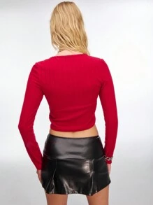 TypaGal Cherry Red Bowknot Square Neck Slim Fit Long Sleeves Rib-Knit Crop Top