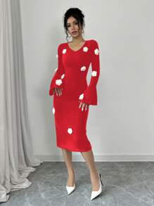 Selianne Women 3D Floral Pattern Elegant Knitted Sweater Dress, Casual & Daily Wear, Autumn/Winter For New Year Clothes - Red - View 4