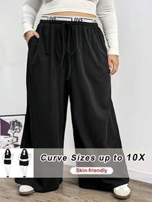 SHEIN CURVE+ 大码女式字母针织腰带休闲运动裤 - 黑色 - 查看 8