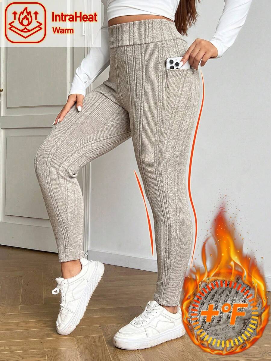 SHEIN EZwear 大码，保暖紧身裤，秋季女装，羊毛紧身裤，保暖紧身裤，冬季女装，保暖裤，冬季女裤，休闲杏色侧袋高腰紧身裤