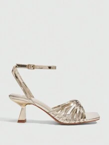 CUCCOO SZL Women's Square Toe Low Heel Gold Strap Sexy Elegant Party/Wedding Stiletto High Heel Sandals