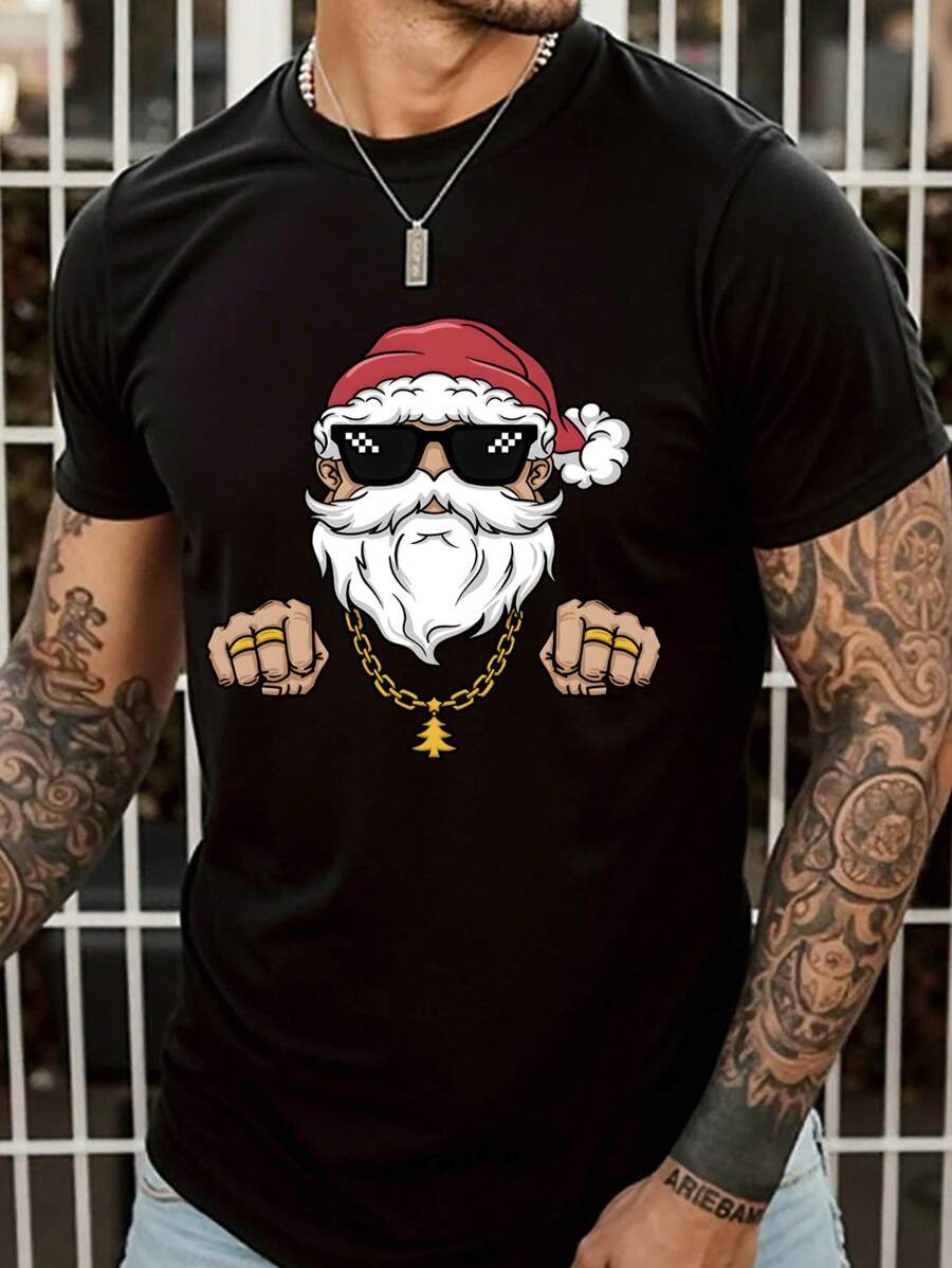 1 Áo thun nam cổ tròn tay ngắn in họa tiết ông già Noel Giáng sinh, giản dị hợp thời trang - màu đen - Xem 1