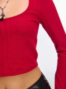 TypaGal Cherry Red Bowknot Square Neck Slim Fit Long Sleeves Rib-Knit Crop Top