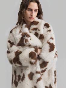 Ontre Áo khoác lót lông ấm áp dài vừa, cổ bẻ họa tiết da báo màu kaki, túi siêu lớn, cỡ lớn, mùa thu/đông - Màu Khaki - Xem 6