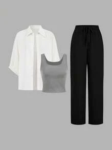 SHEIN LUNE Conjunto de 3 piezas de mujer a cuadros blancos y negros, que incluye camisa, traje y pantalones de pierna ancha, estilizador, nueva colección otoño 2024