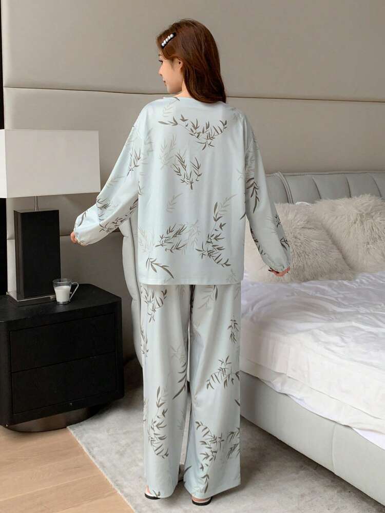 Chinese Style Plant Graphic Print Hollow Neck Design Loose Pajamas Set