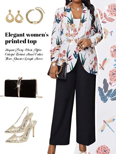 SHEIN Lady Autumn And Winter Elegant Party Work Office Colorful Knitted Shawl Collar Three Quarter Length Sleeve Plus Size Coats