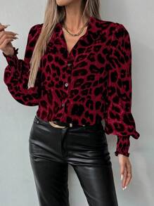 SHEIN Clasi 1 chiếc áo sơ mi thường ngày in họa tiết da báo dành cho nữ, mùa thu - Đỏ - Xem 1
