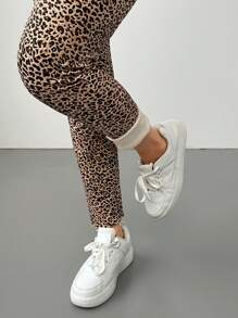 SHEIN PETITE Women's High Waist High Stretch Skinny Leopard Print Fleece Leggings - Brown - View 6