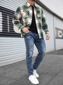 Manfinity Homme Plus Size Men's Plaid Print Button-Up Casual Long Sleeve Casual Going Out Colorful Shacket, For Friends, Husband, Boyfriend Gifts, Men Flannel Shirts, Flannel Long Sleeve Men, Plaid Button Up Men, Fall/Winter