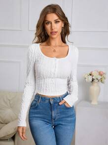 SHEIN EZwear 1 件女式纯色针织长袖修身半开领 T 恤，休闲 - 白色 - 查看 3