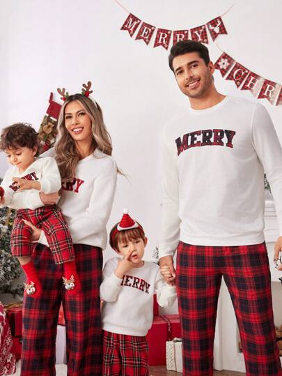 SHEIN LUNE 2 Pieces Set: 2024 Autumn/Winter New Sweatshirt And Pants, Christmas Letter & Plaid Design Mommy And Me