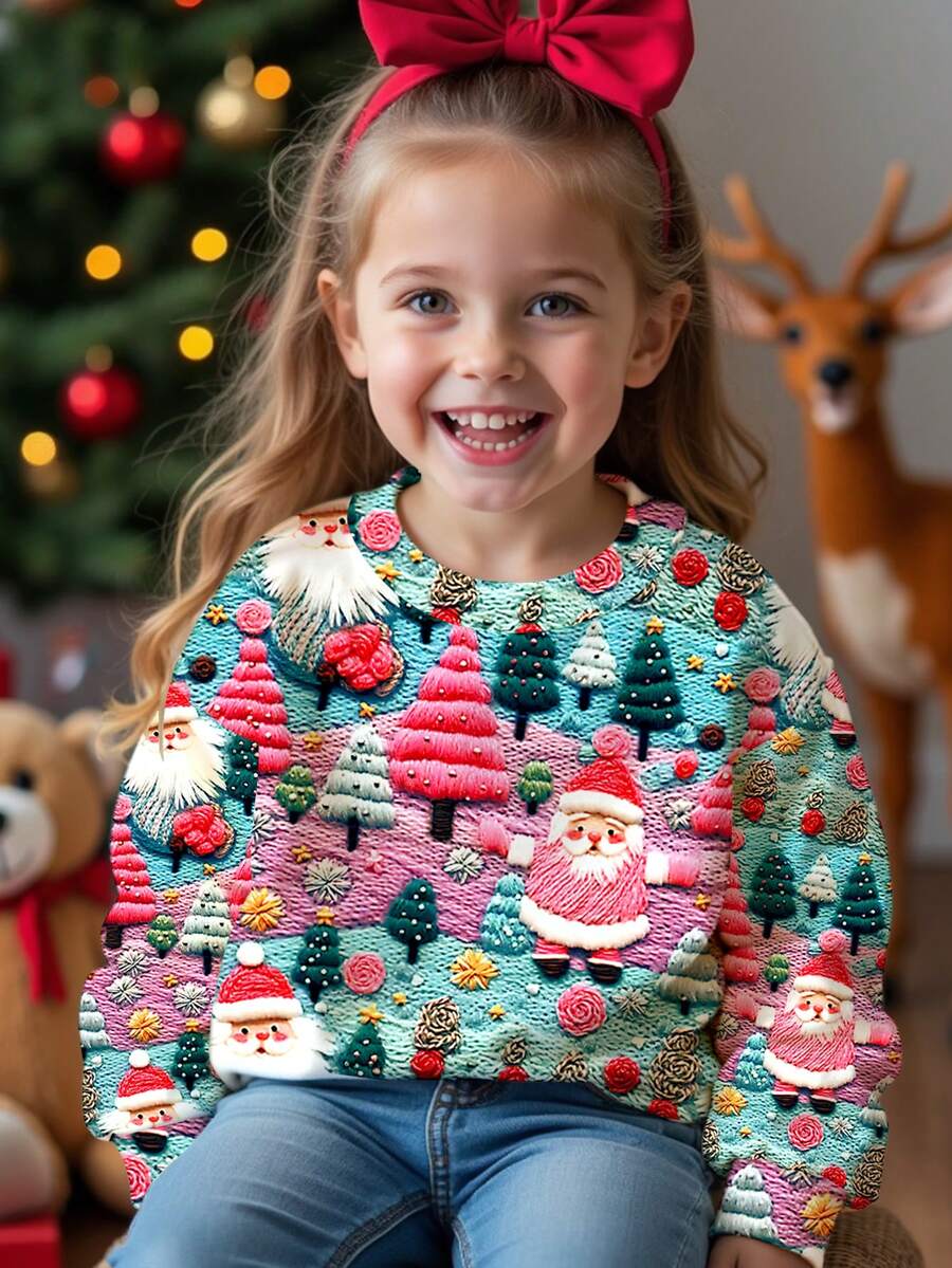 SHEIN 年轻女孩圣诞节可爱圣诞老人和圣诞树刺绣纹理印花休闲宽松圆领舒适针织长袖运动衫，适合秋冬季 - 彩色 - 查看 1