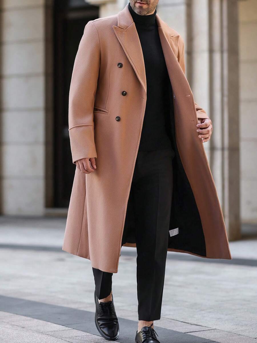 Manfinity Mode Áo khoác nam trơn hai hàng khuy, thường ngày cho mùa thu/đông - Màu Khaki - Xem 1