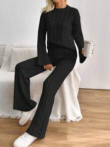 SHEIN PETITE Women's Cable Knit Drop Shoulder Sweater And Pants Two Piece Set - Black - View 3