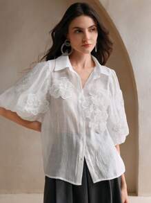 Anewsta 1 件女士优雅泡泡袖花卉珍珠串珠装饰透明女式衬衫