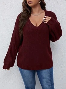 Franclia Pull casual à manches longues avec encolure en V et épaules tombantes, tailles plus, automne/hiver