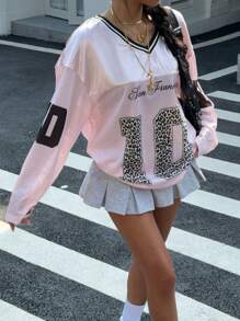 SHEIN 青少年女孩时尚粉色 V 领休闲运动字母豹纹拼布宽松长袖 T 恤，母子装（2 件单独出售） - 粉色 - 查看 3