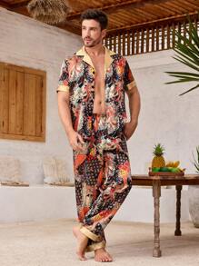 Manfinity Underwear&Sleepwear Basics 2pcs/Set Men Color Block Short Sleeve Casual Top And Long Pants Pajama Set - Multicolor - View 3