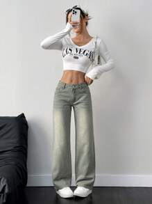 Jeanoix 休闲洗水低腰直筒牛仔裤 - 綠色 - 查看 6