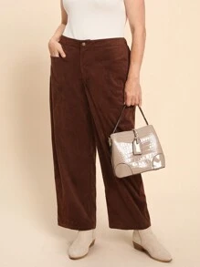 SHEIN LUNE Plus Size Corduroy Straight Leg Thick Pants For Autumn/Winter Holiday Outfit