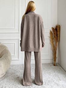 EURMUSE Cotton Women's Drop Shoulder Ribbed Long Sleeve T-Shirt And Pants Set Lounge Brown Autumn Casual - Beige - View 2