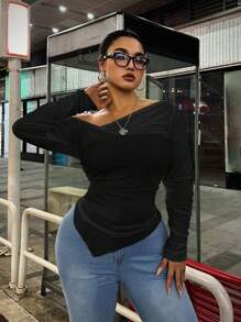 POPSWAY Plus Size Fashionable Solid Color Asymmetric Ruched Fitted Blouse - Black - View 1