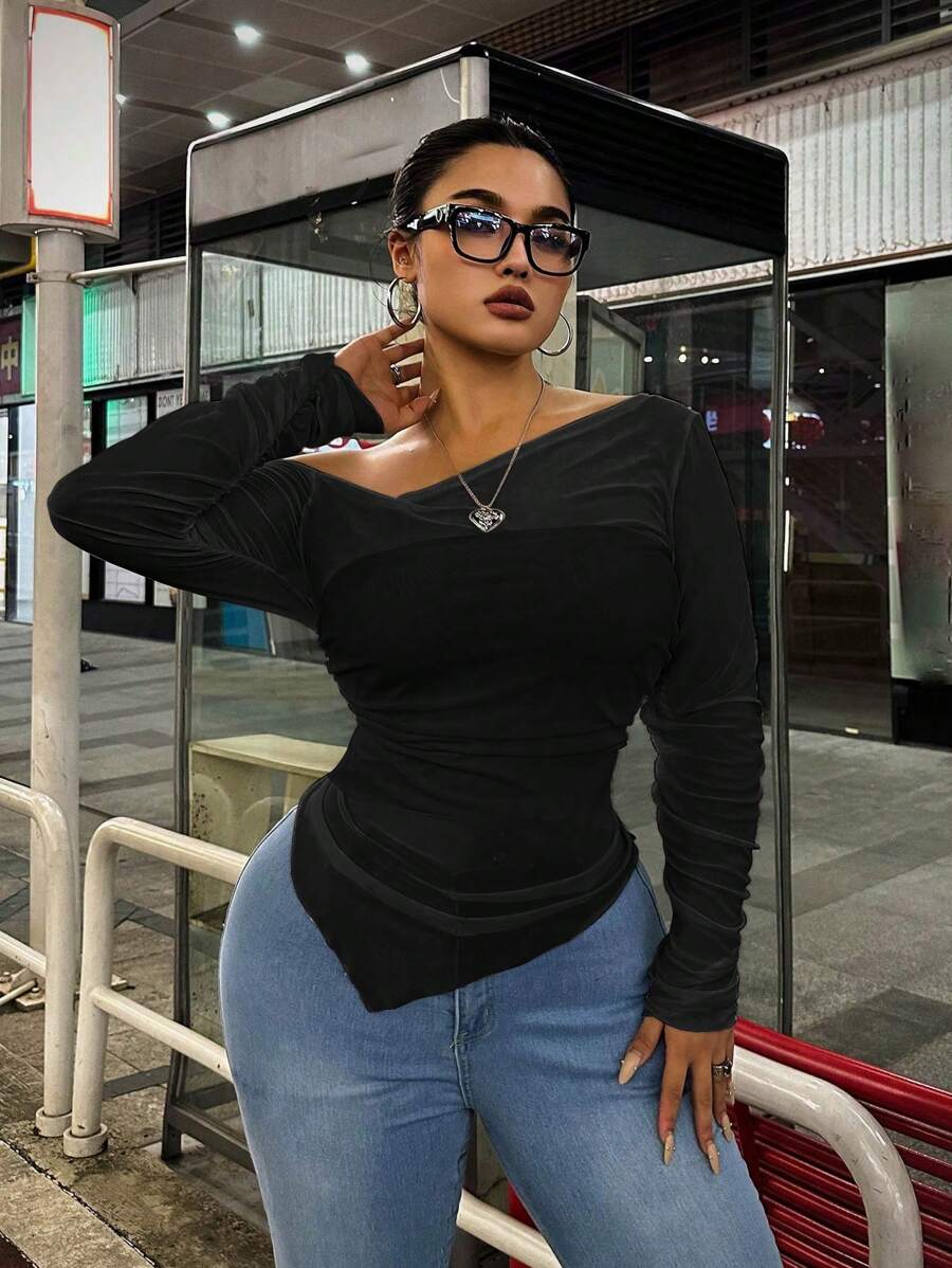 POPSWAY Plus Size Fashionable Solid Color Asymmetric Ruched Fitted Blouse - Black - View 1
