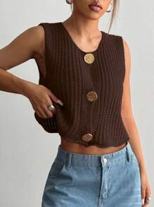 SHEIN Unity Áo dệt kim không tay cài nút phía trước dành cho nữ - Màu nâu Sô-cô-la - Xem 6