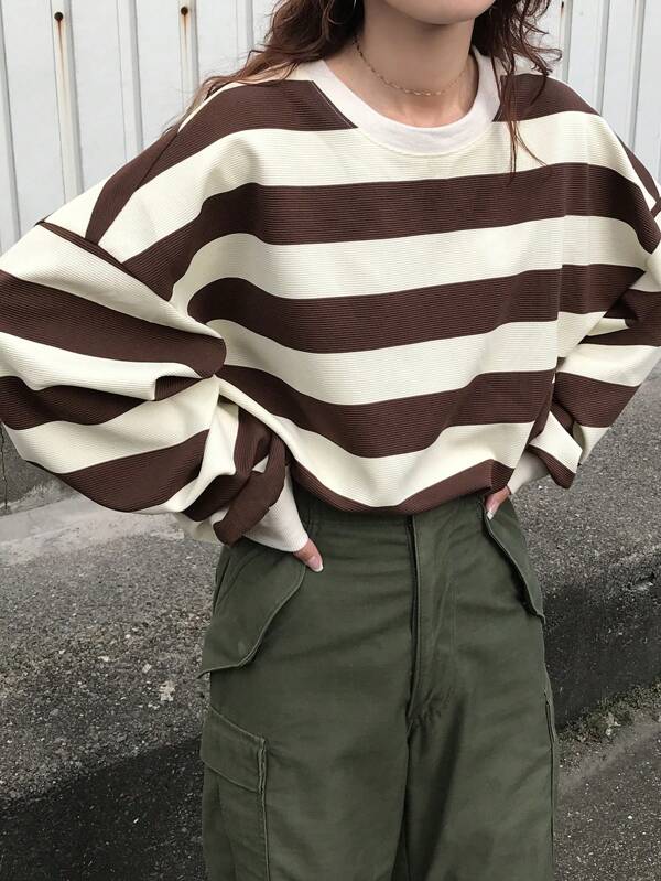 FRIFUL Women Autumn Drop Shoulder Long Sleeve Casual Striped Loose T-Shirt