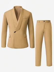 Calvornis Men's Business Casual Solid Color Shawl Neck Blazer And Pants Set - Khaki - View 1