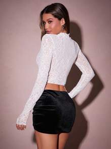 Hauture Áo ren mỏng dài tay màu trắng thanh lịch có viền bất đối xứng - trắng - Xem 3