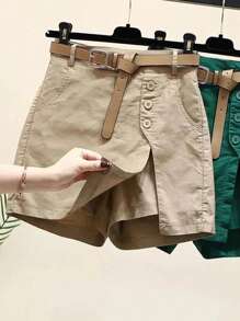 SHEIN VCAY Casual Solid Color Woven High Waisted Skort For Women - Khaki - View 6