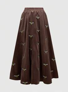 ROMWE Fairycore 1pc Versatile Bee Embroidery Elastic Waist Long Skirt For Women