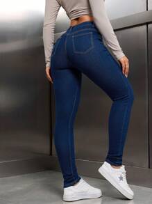 SHEIN Tall Women's Fashion Versatile Oblique Pocket Slim Fit Casual Skinny Jeans - Dark Wash - View 2