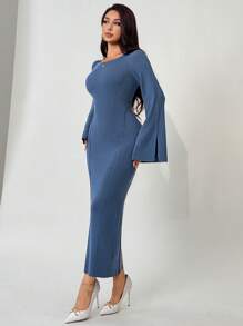 Modelyn Women Elegant Solid Color Split Flare Sleeve Fitted Ribbed Knit Sweater Dress