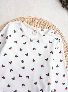 Cozy Pixies 2pcs Set: Baby Girl Christmas Print Round Neck Long Sleeve Pullover Top And Sleeveless Dress