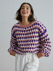 SHEIN X Angie Costa Chiquease Women's Round Neck Long Sleeve All-Over Print Casual Loose Sweater