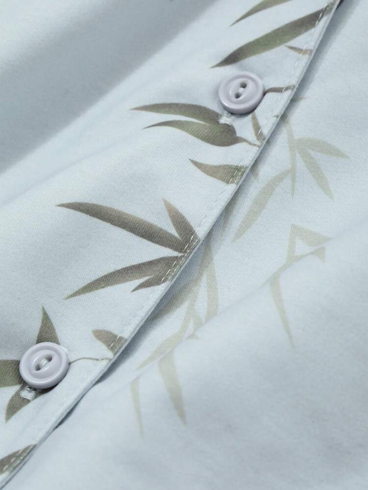 Chinese Style Plant Graphic Print Hollow Neck Design Loose Pajamas Set