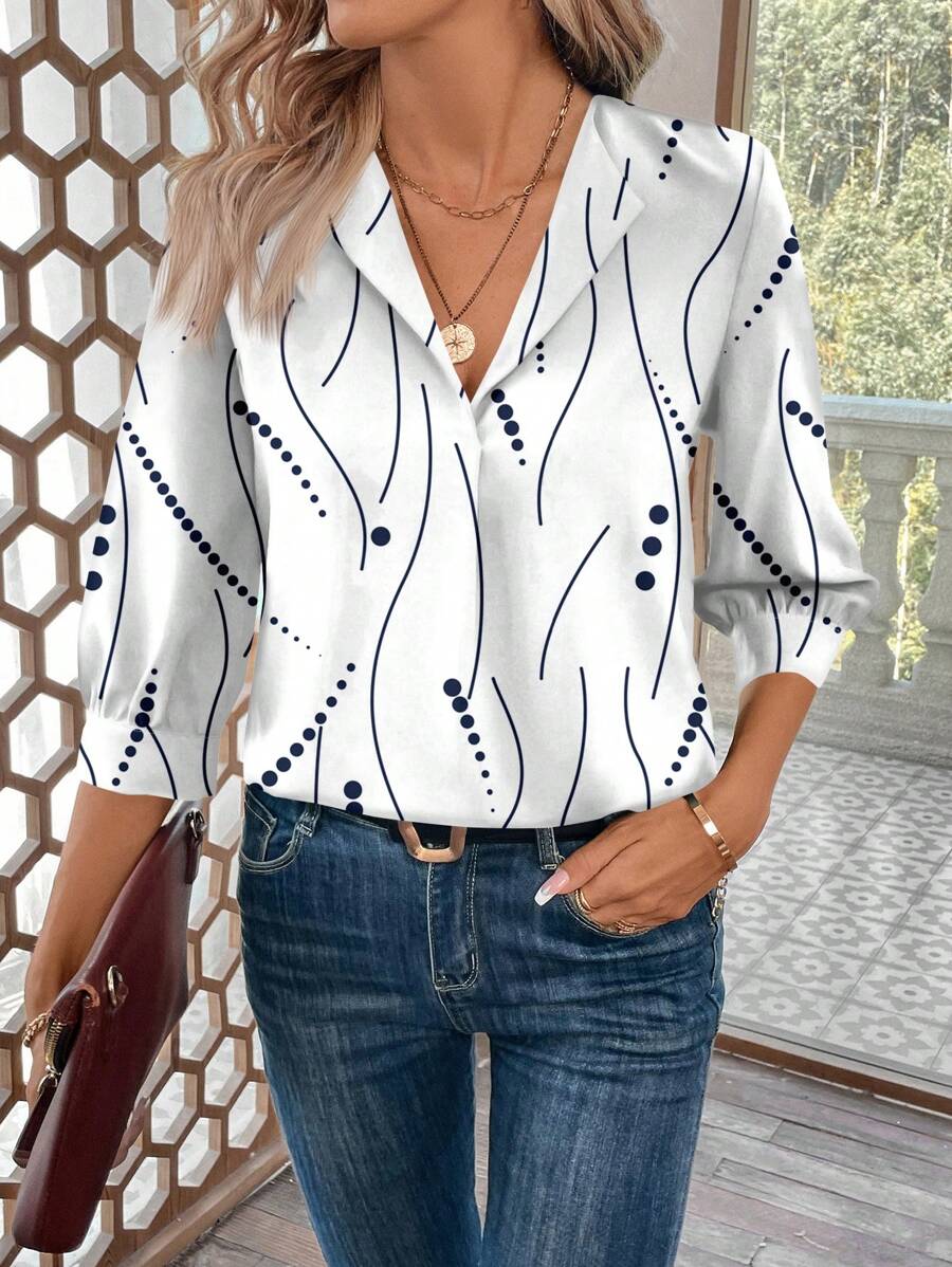 SHEIN LUNE Women Casual Simple Line Print Office Wear Blouse, Suitable ...