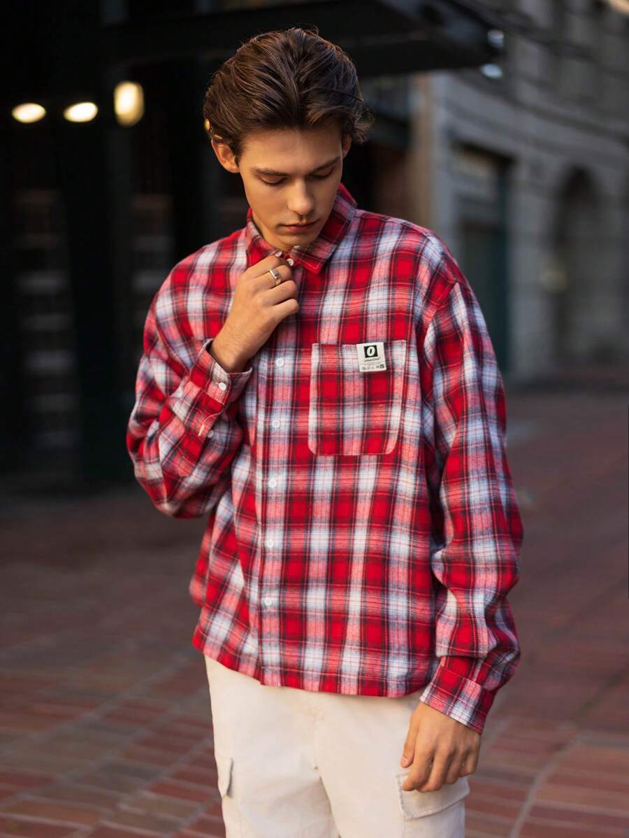 Manfinity VCAY Áo sơ mi dệt tay dài rộng rãi thường ngày cho nam, phong cách hiện đại và trẻ trung, mặc hàng ngày - Đỏ - Xem 1