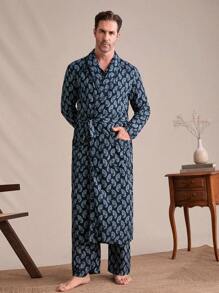EverLounge 男士佩斯利印花露营领拼布口袋系带长袍 - 彩色 - 查看 4