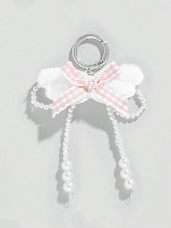 Kawaii 1 Stück minimalistischer weißer Perlflügel & rosa Schleife Rucksack Anhänger Valentinstag